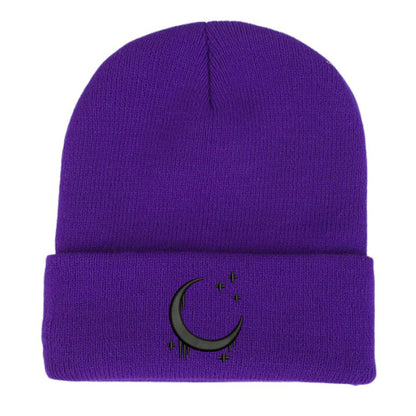 Embroidered Moon & Stars Knit Beanie Hat - Shadow Threadz Crypt