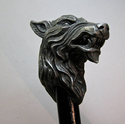 Wolf Head Cane, Hand Sculpted Walking Stick | Medieval Gothic