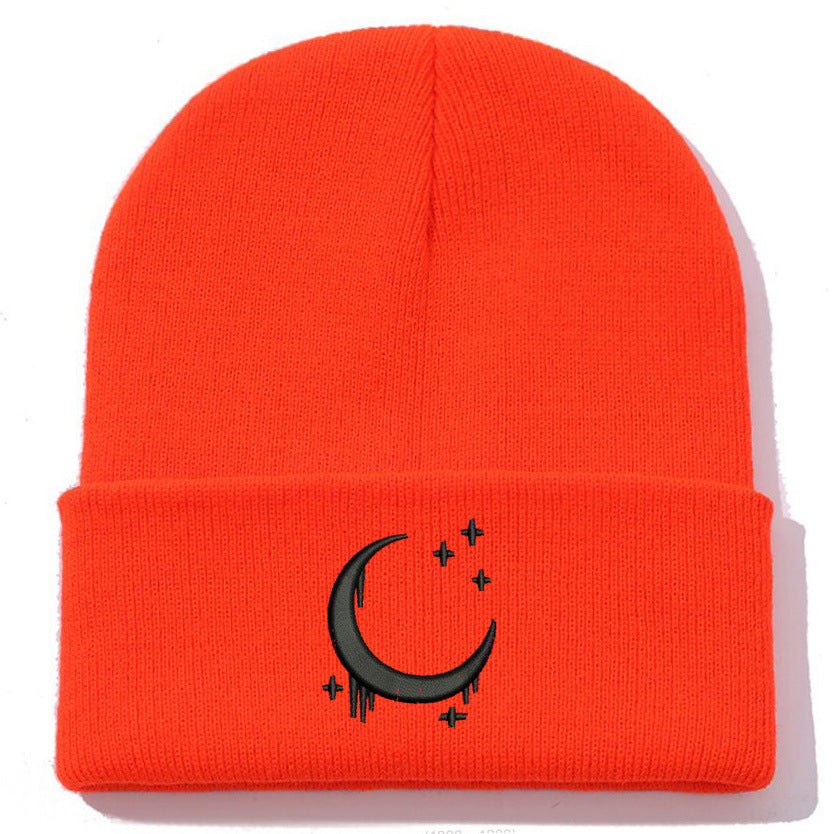 Embroidered Moon & Stars Knit Beanie Hat - Shadow Threadz Crypt