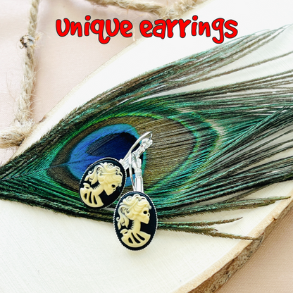 Gothic Skeleton Cameo Earrings Victorian Lolita Lady Skull Jewelry Silver Bronze