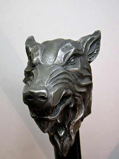 Wolf Head Cane, Hand Sculpted Walking Stick | Medieval Gothic