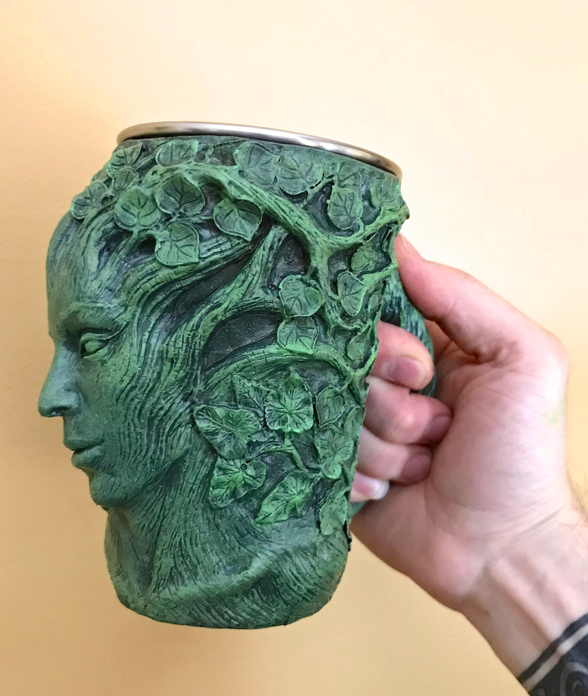 Dryad Mug, Green Hand Sculpted Resin I Stainless Steel Liner