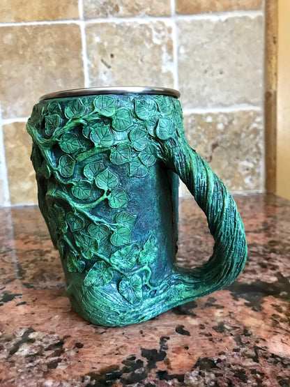 Dryad Mug, Green Hand Sculpted Resin I Stainless Steel Liner