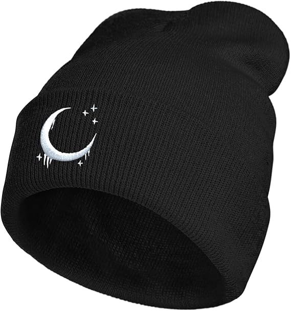 Embroidered Moon & Stars Knit Beanie Hat - Shadow Threadz Crypt