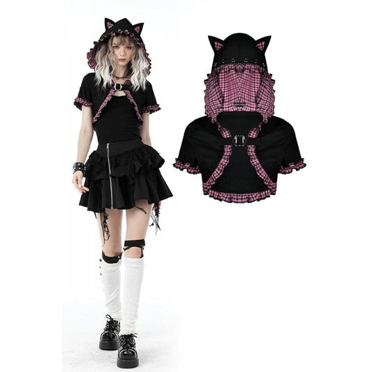 Pink Familiar Plaid Cat-Ear Cape front view