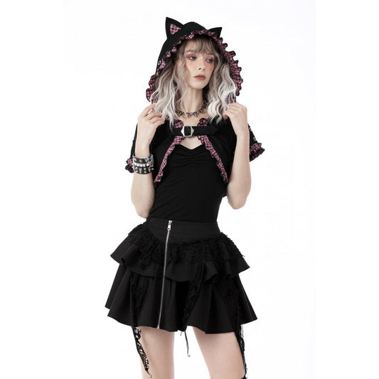 Pink Familiar Plaid Cat-Ear Cape detail view