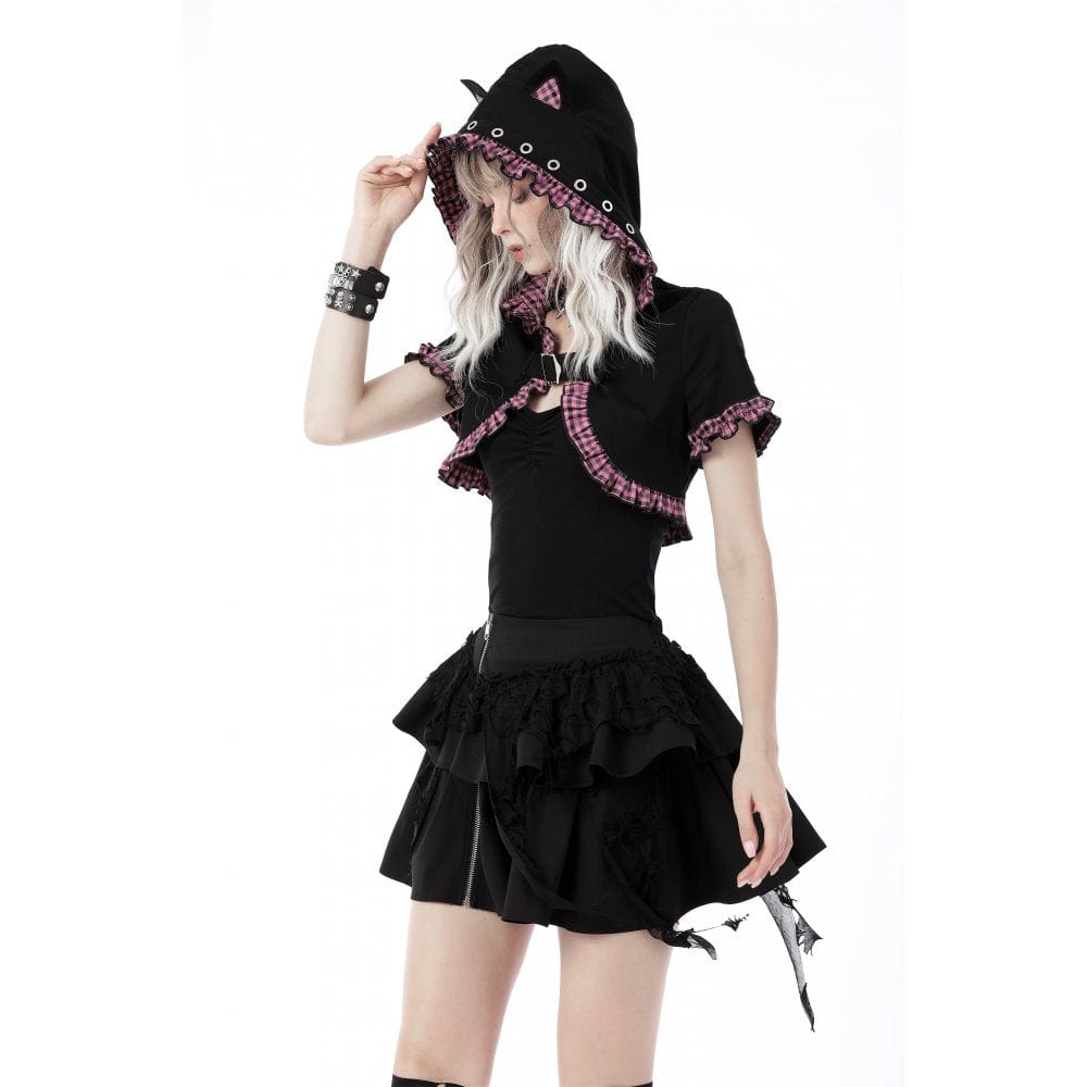 Pink Familiar Plaid Cat-Ear Cape detail view