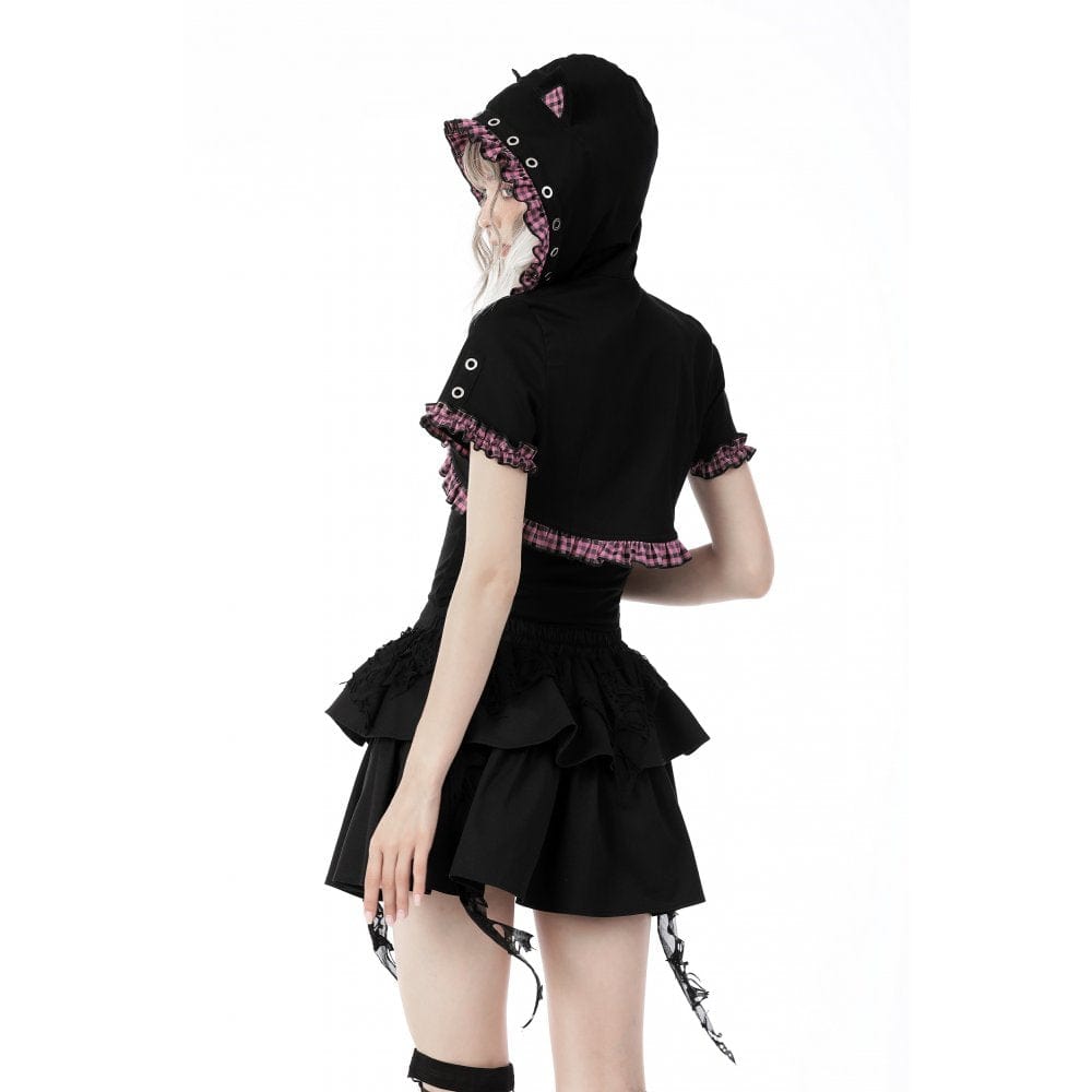 Pink Familiar Plaid Cat-Ear Cape detail view