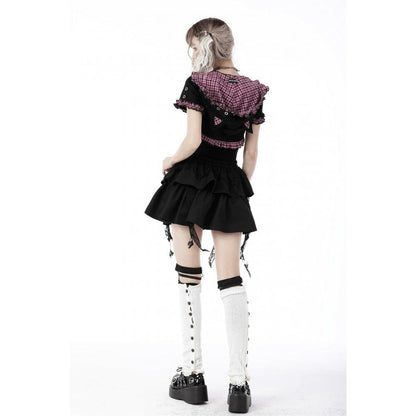 Pink Familiar Plaid Cat-Ear Cape detail view