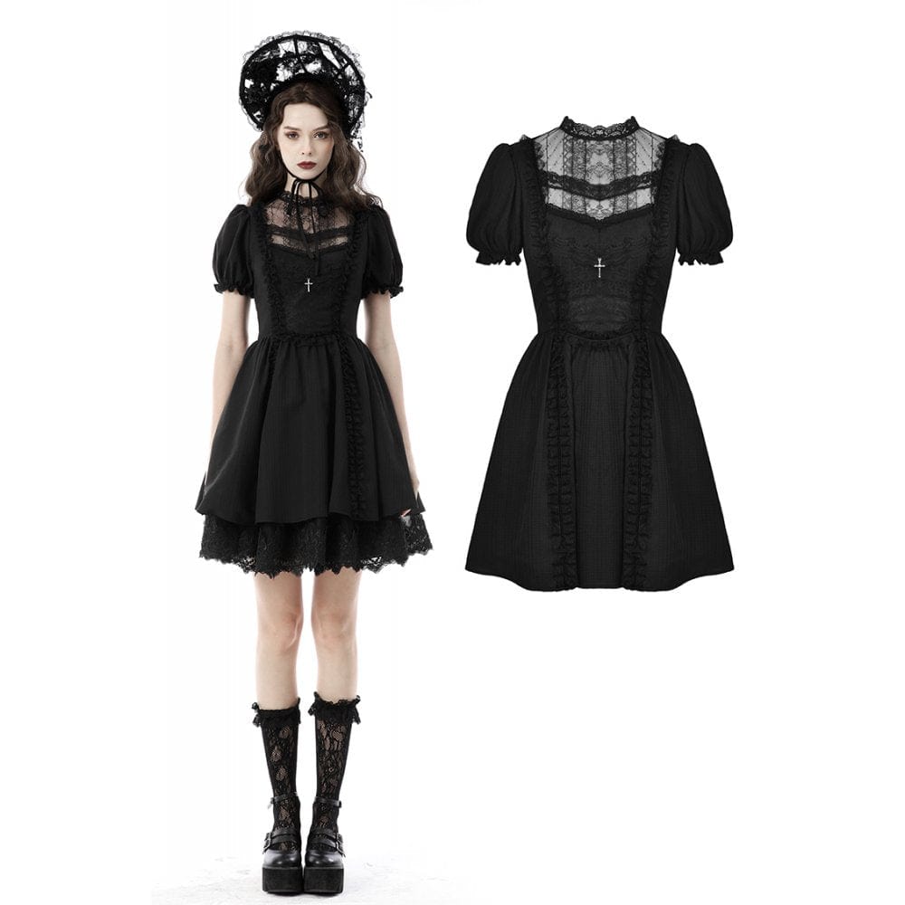 Porcelain Shadow Puff-Sleeve Lace Dress detail view