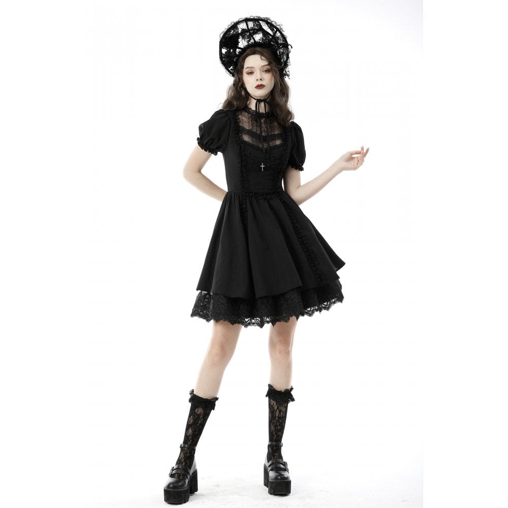 Porcelain Shadow Puff-Sleeve Lace Dress detail view