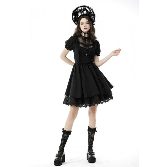 Porcelain Shadow Puff-Sleeve Lace Dress detail view