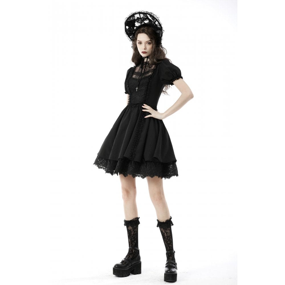 Porcelain Shadow Puff-Sleeve Lace Dress detail view