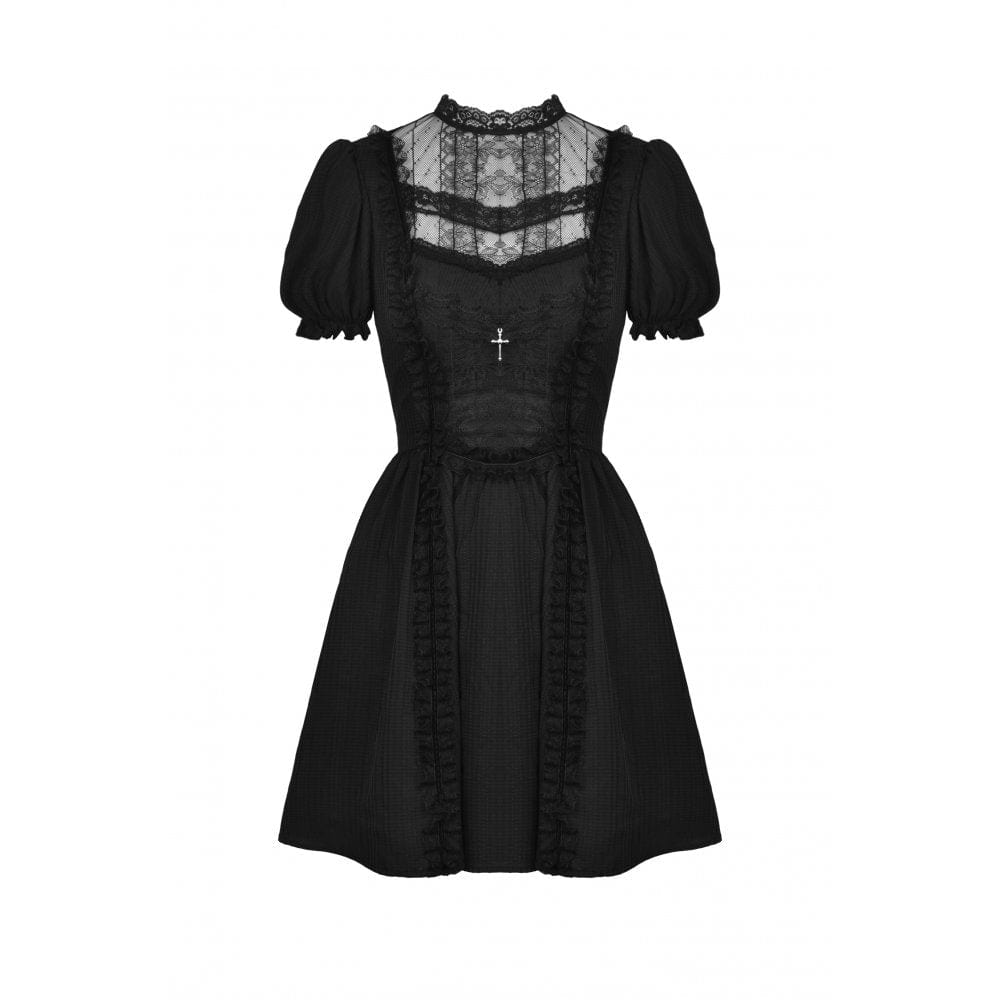 Porcelain Shadow Puff-Sleeve Lace Dress detail view