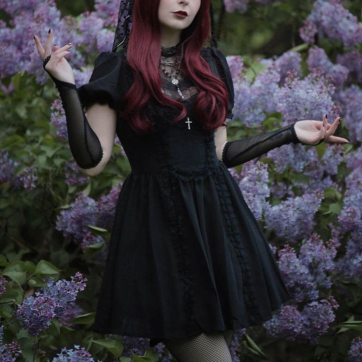 Porcelain Shadow Puff-Sleeve Lace Dress detail view
