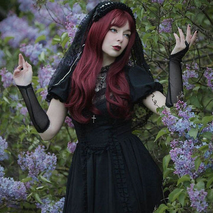 Porcelain Shadow Puff-Sleeve Lace Dress front view