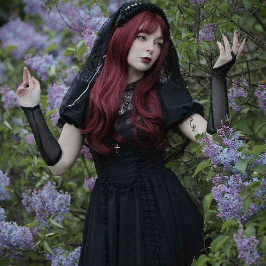 Porcelain Shadow Puff-Sleeve Lace Dress front view
