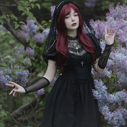 Porcelain Shadow Puff-Sleeve Lace Dress detail view