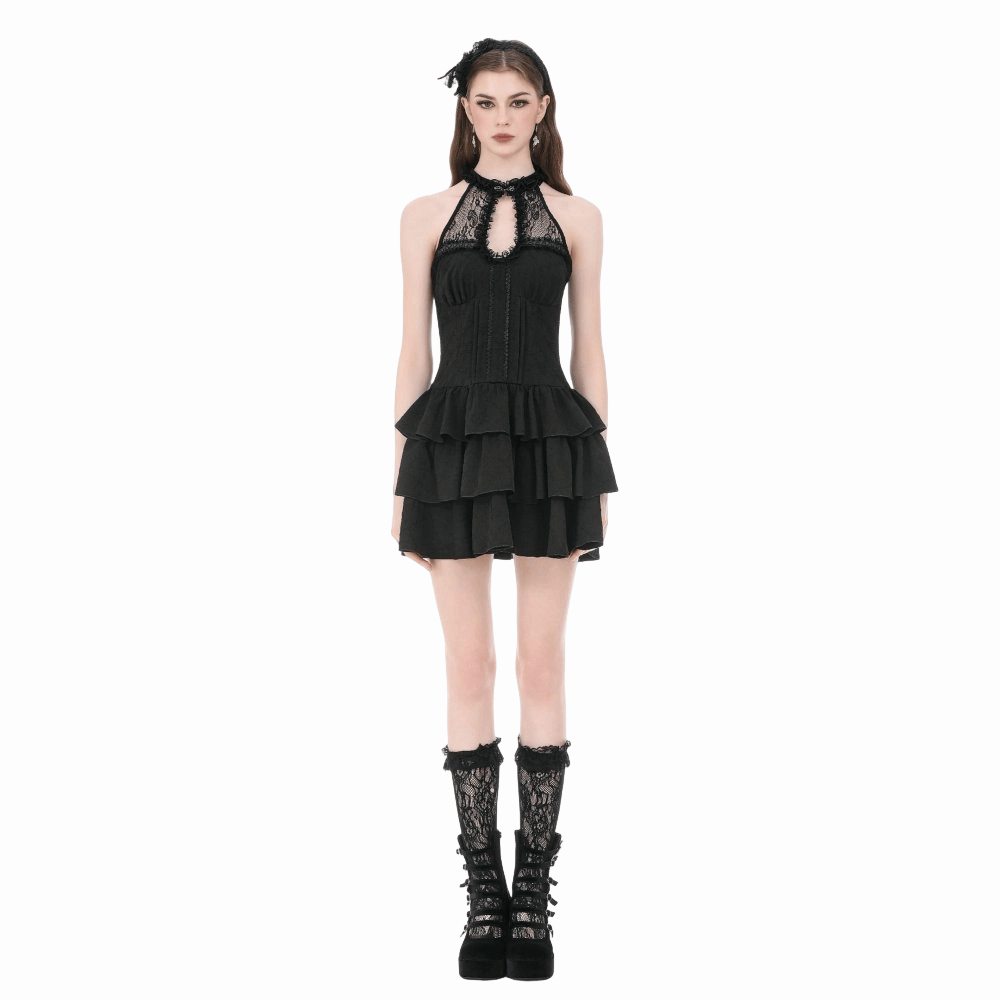 Midnight Cascade Ruffled Halter Dress detail view