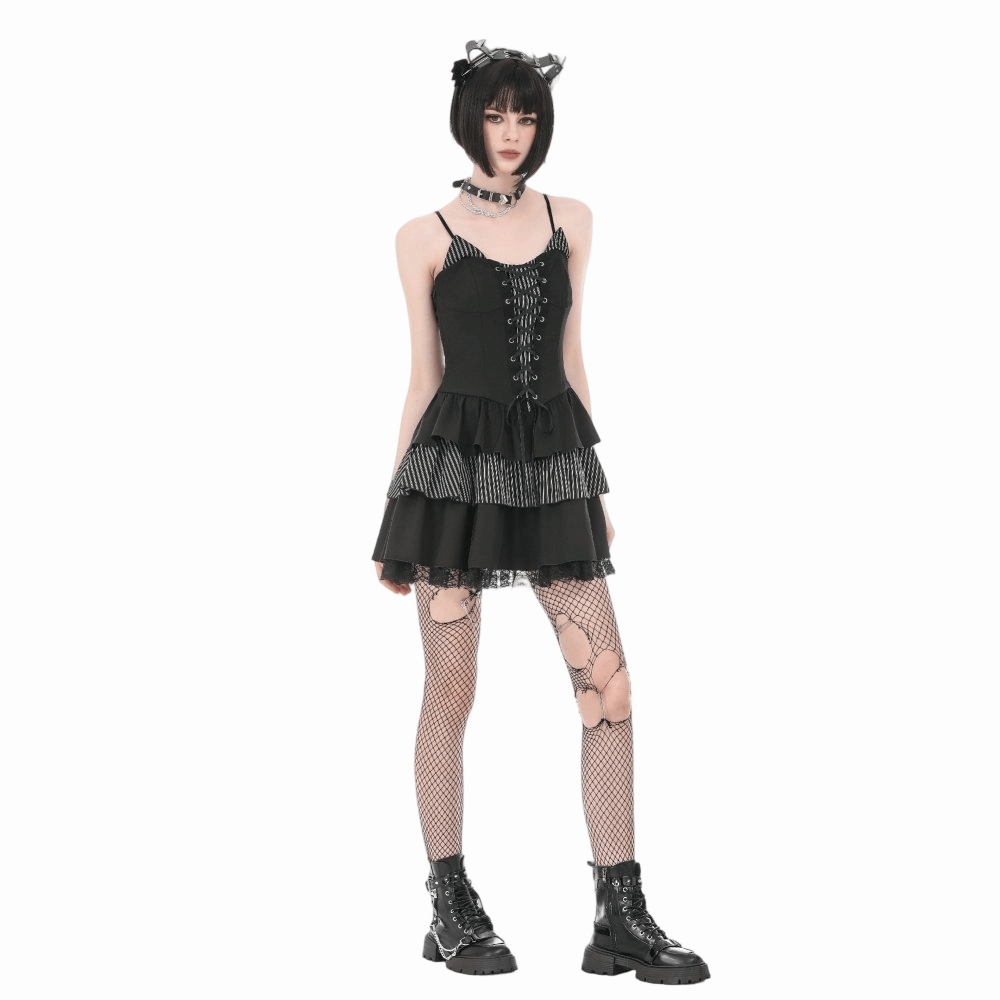 Pinstripe Rebellion Lace-Up Dress detail