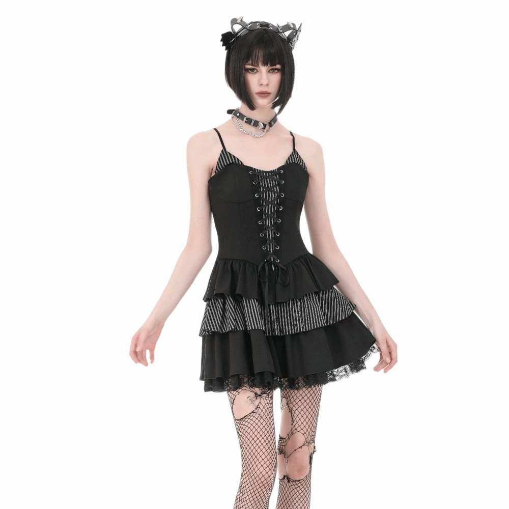 Pinstripe Rebellion Lace-Up Dress detail