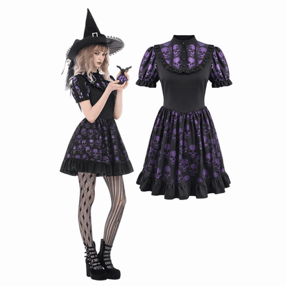 Skull Parade Puff-Sleeve Dress front view