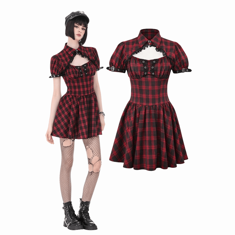 Riot Academy Cutout Plaid Dress front view