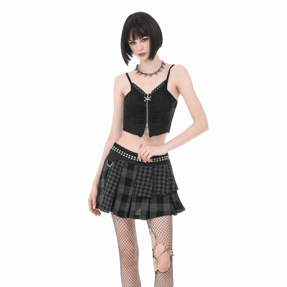 Riot Tartan Asymmetric Rivet Skirt detail view
