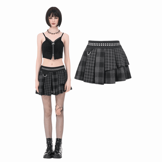 Riot Tartan Asymmetric Rivet Skirt front view
