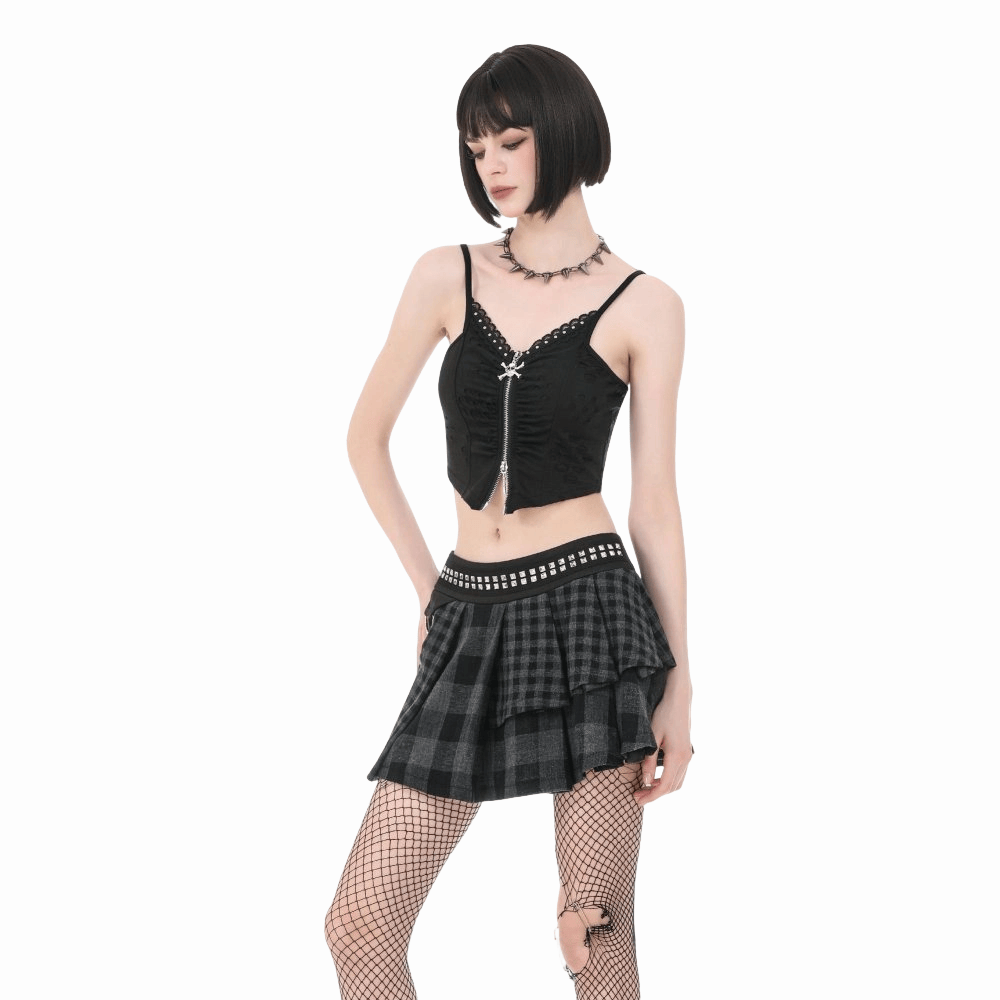 Riot Tartan Asymmetric Rivet Skirt detail view