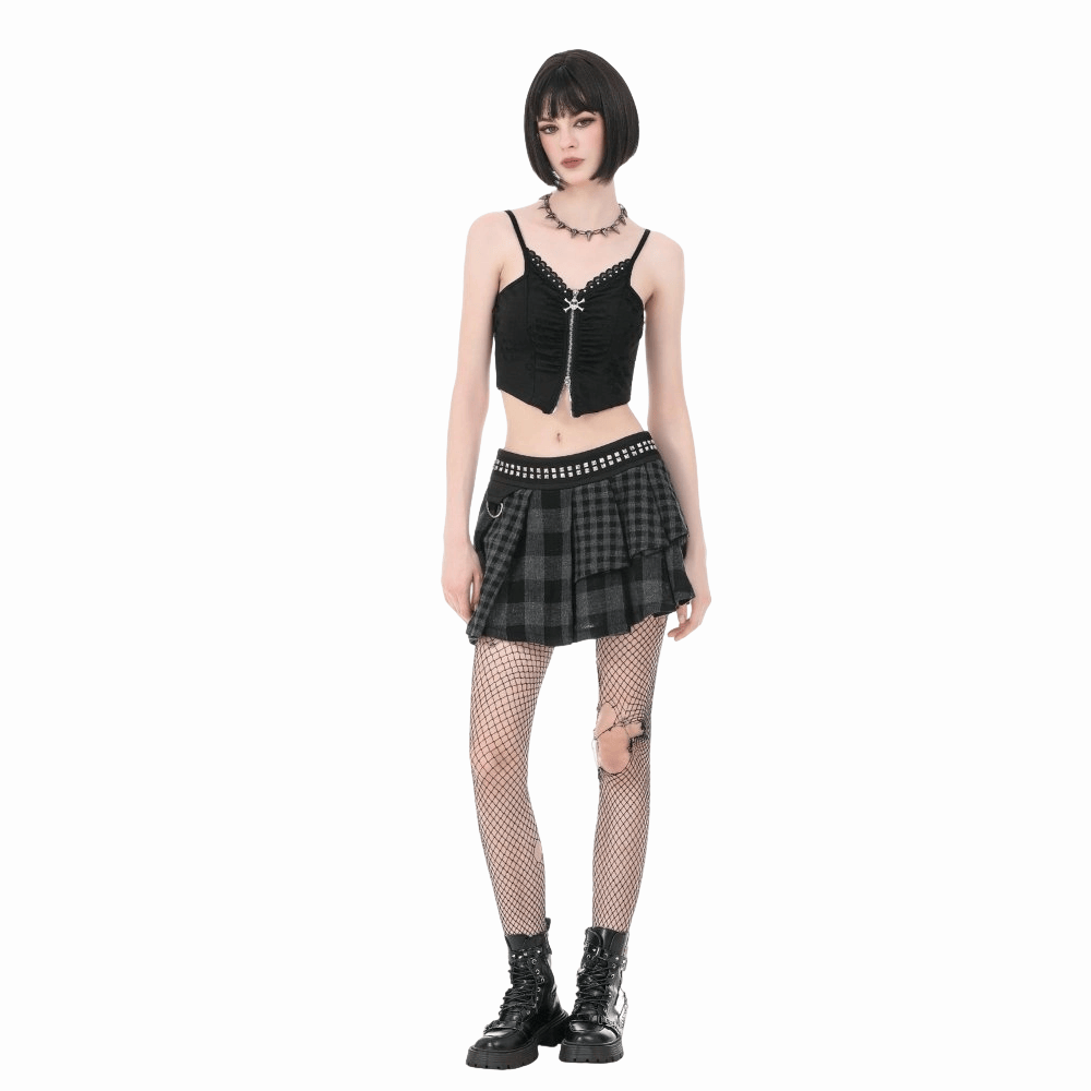 Riot Tartan Asymmetric Rivet Skirt detail view