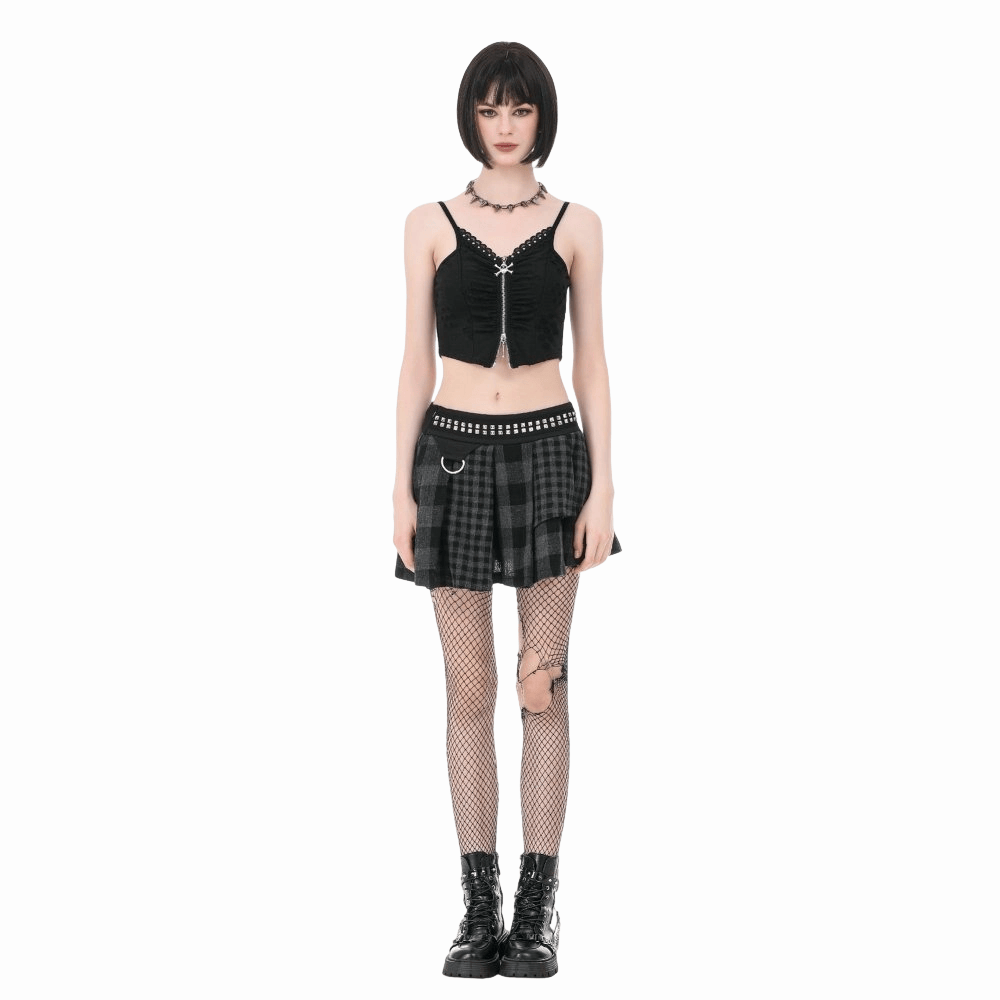 Riot Tartan Asymmetric Rivet Skirt detail view