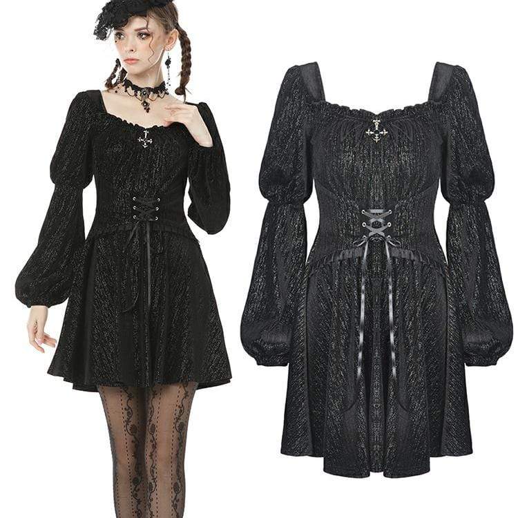 Velvet Nocturne Puff-Sleeve Dress front view