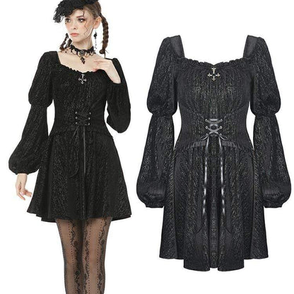 Velvet Nocturne Puff-Sleeve Dress front view