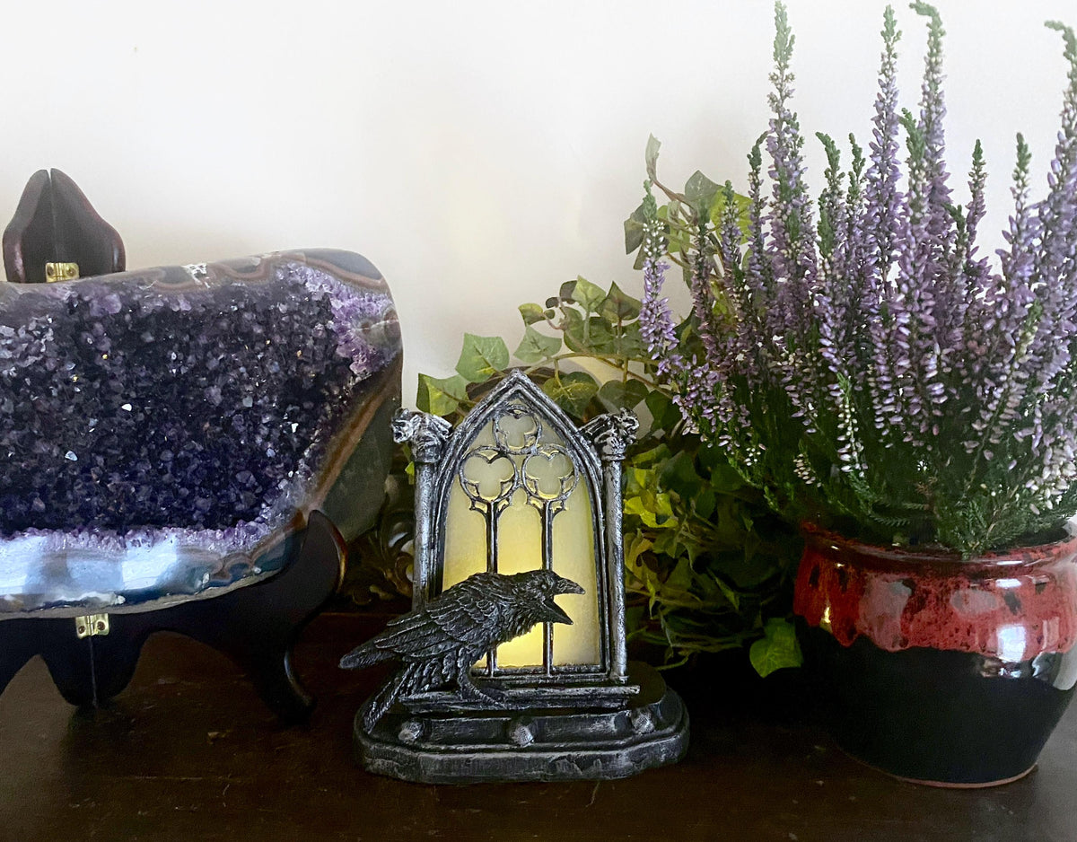 Raven and Window Tea Light, Hand Painted Resin Sculpture