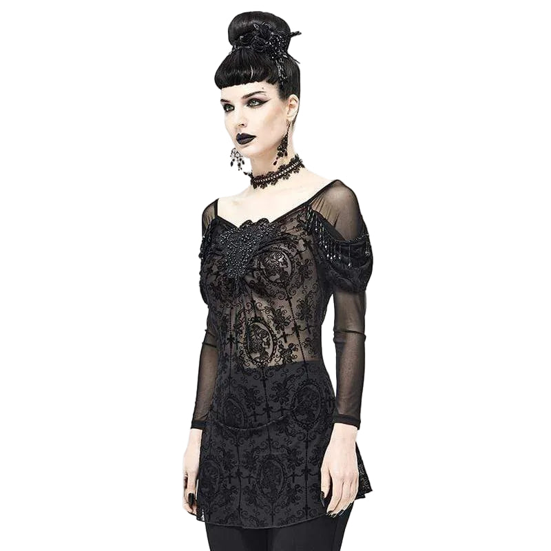 Black Garden Embroidered Mesh Top