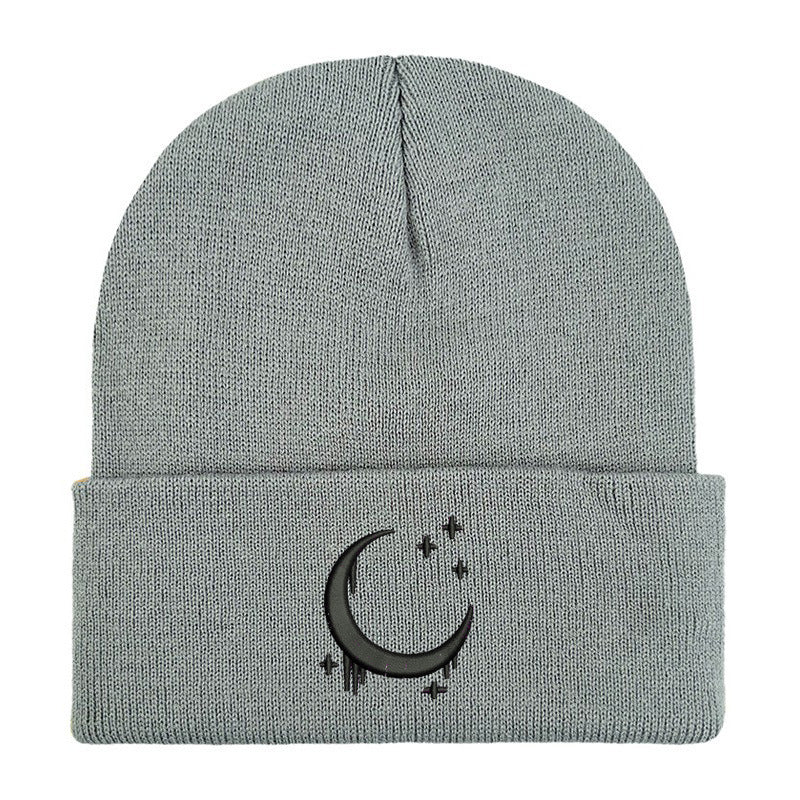 Embroidered Moon & Stars Knit Beanie Hat - Shadow Threadz Crypt
