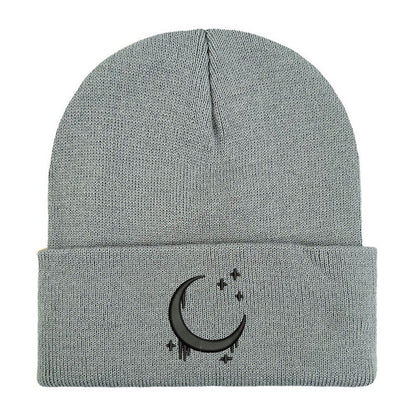Embroidered Moon & Stars Knit Beanie Hat - Shadow Threadz Crypt