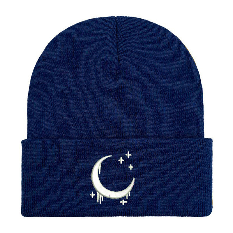 Embroidered Moon & Stars Knit Beanie Hat - Shadow Threadz Crypt