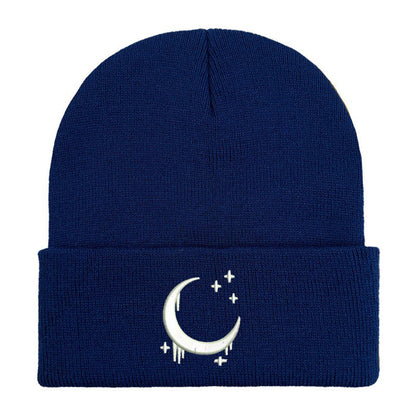 Embroidered Moon & Stars Knit Beanie Hat - Shadow Threadz Crypt