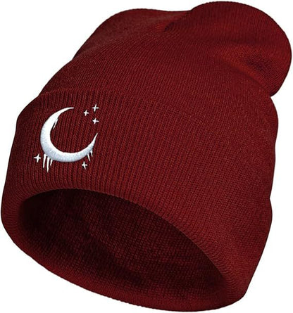 Embroidered Moon & Stars Knit Beanie Hat - Shadow Threadz Crypt