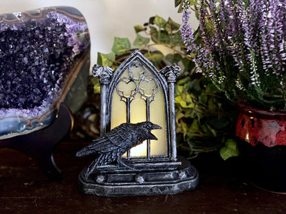 Raven and Window Tea Light, Hand Painted Resin Sculpture