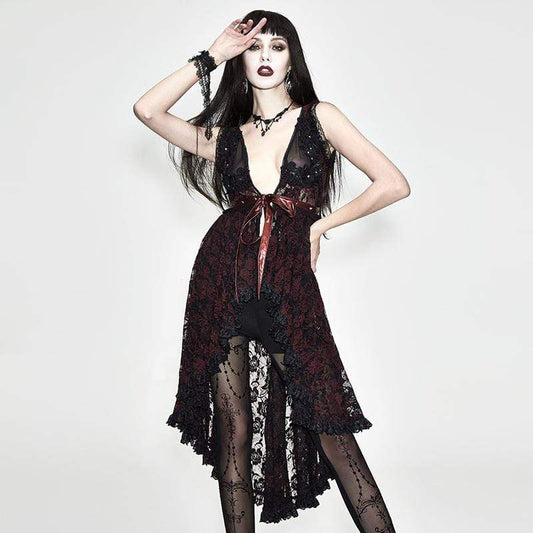 Crimson Thorn Asymmetric Lace Dress in black