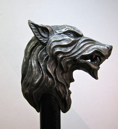 Wolf Head Cane, Hand Sculpted Walking Stick | Medieval Gothic
