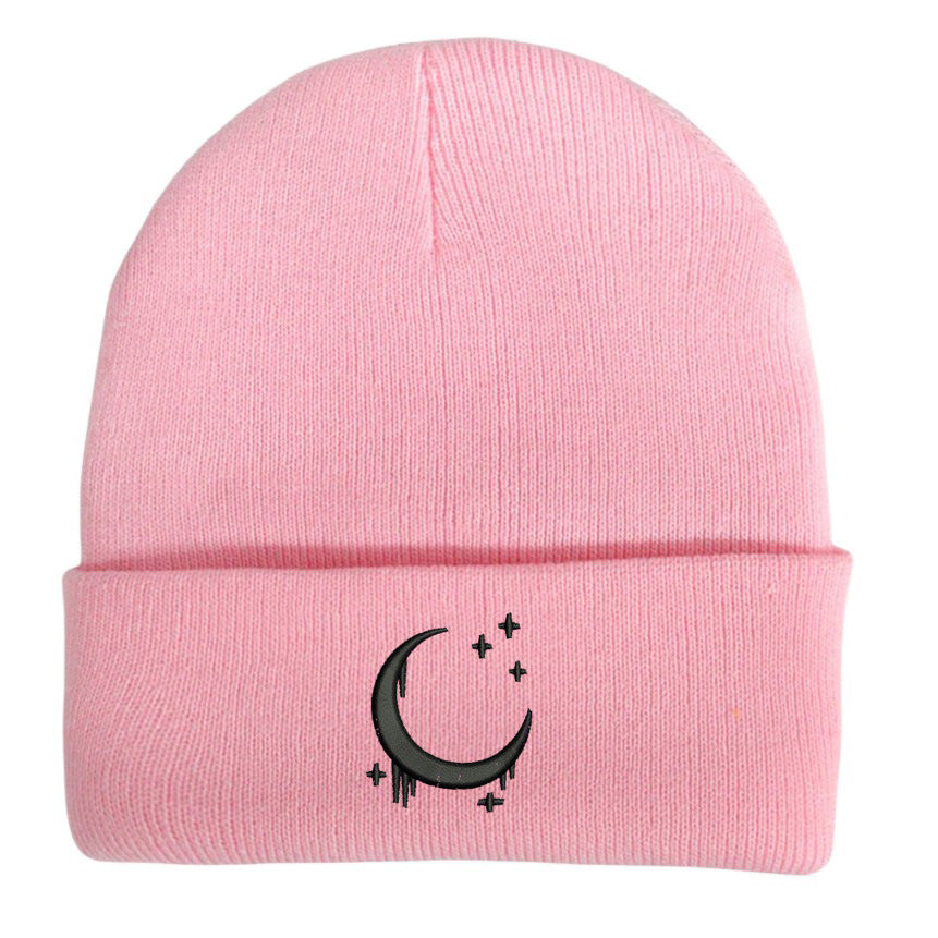 Embroidered Moon & Stars Knit Beanie Hat - Shadow Threadz Crypt
