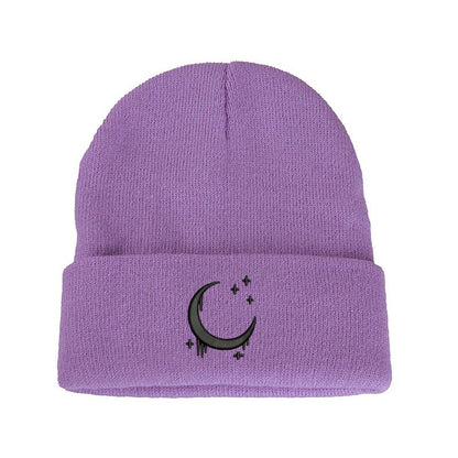 Embroidered Moon & Stars Knit Beanie Hat - Shadow Threadz Crypt