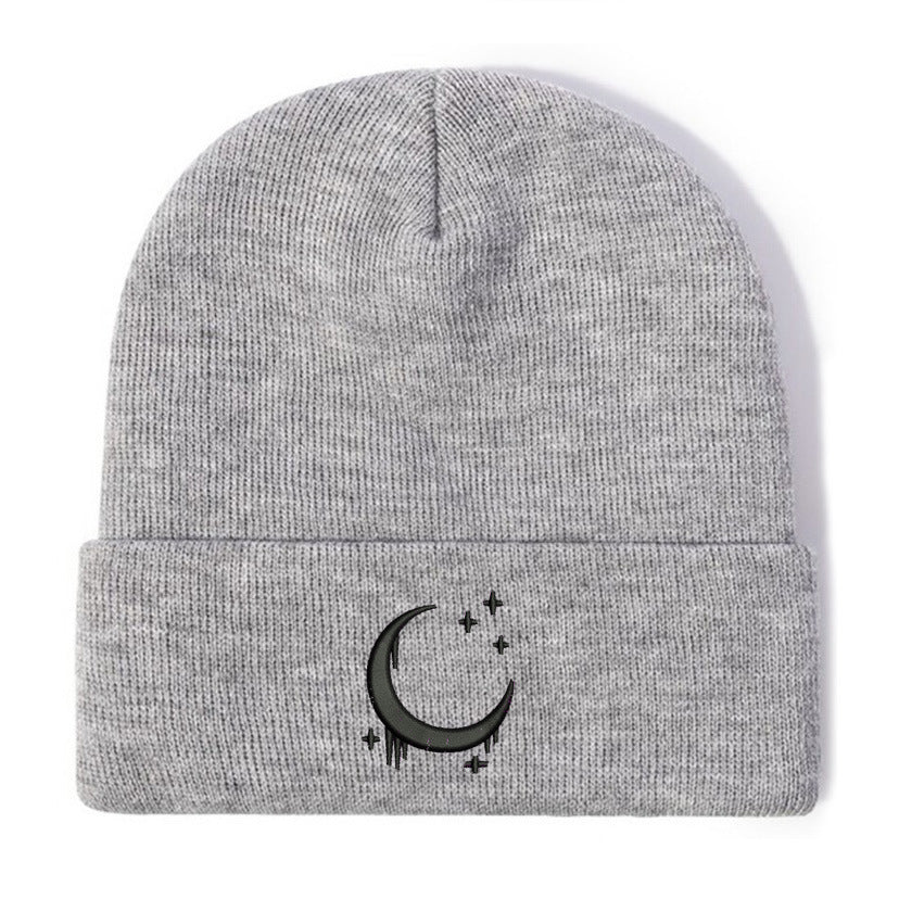 Embroidered Moon & Stars Knit Beanie Hat - Shadow Threadz Crypt