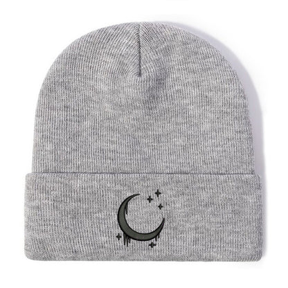 Embroidered Moon & Stars Knit Beanie Hat - Shadow Threadz Crypt