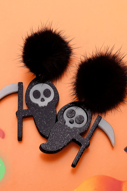 Glow-in-the-Dark Grim Reaper Pom Pom Dangle Earrings