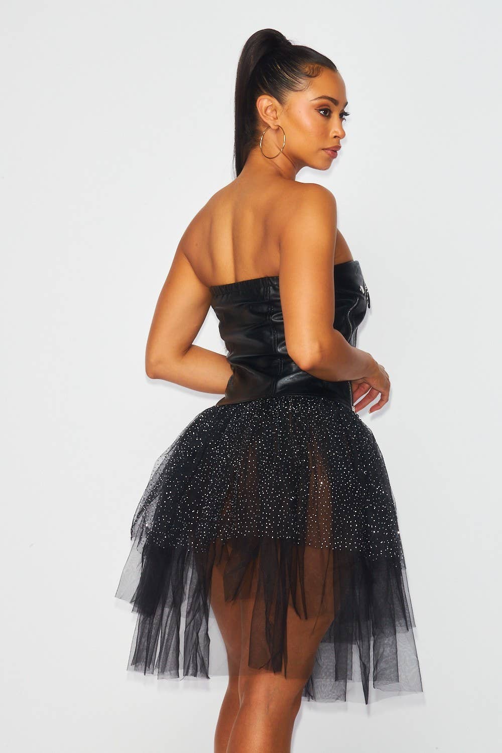 Kayla Contrast Mesh Faux Leather Strapless Tutu Dress